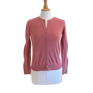 LOFT Faded Red / Rose Long Sleeve Cardigan Sweater, Crewneck, 100% Cotton, M